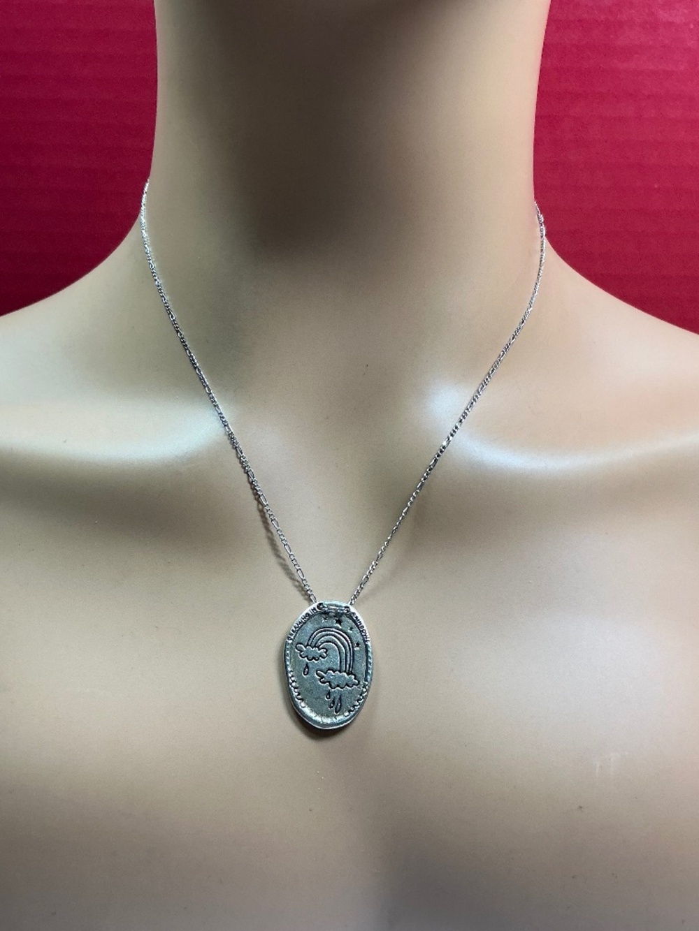 Sterling Silver Rainbow & Clouds Oval Shaped Pendant with Sterling Chain. 19”